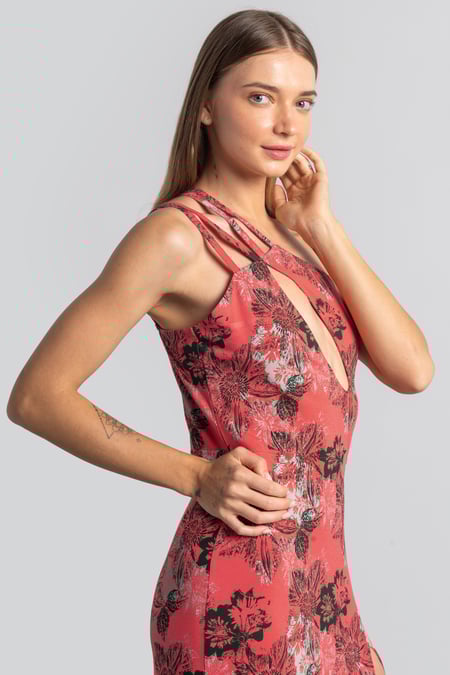 Red One Shoulder Floral Printed Maxi Dress
