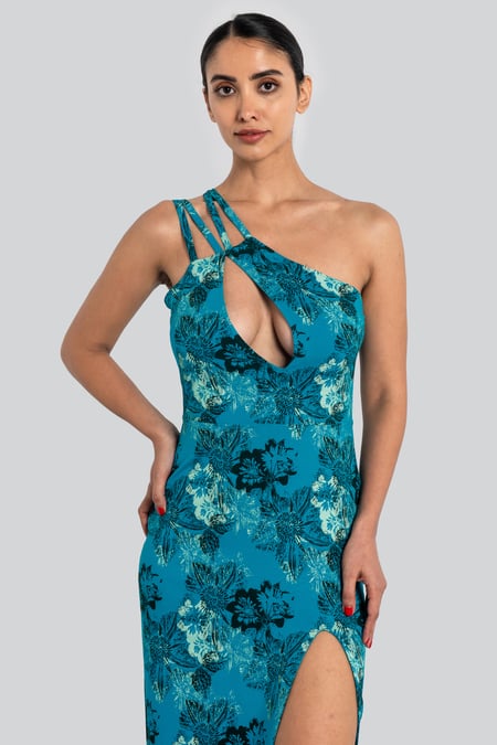 Green One Shoulder Floral Printed Maxi Dress