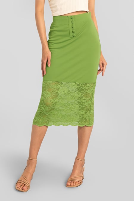 Green Lace Tiered Button Detail Midi Skirt