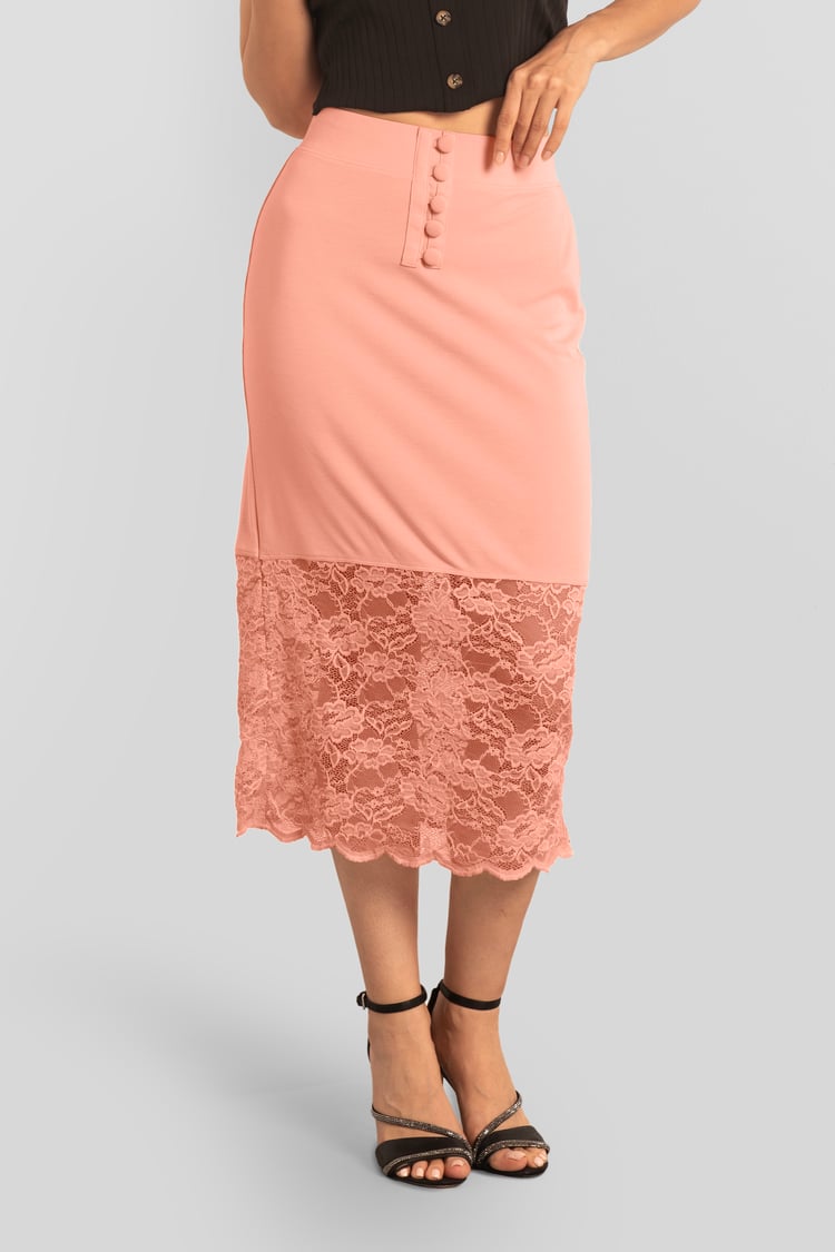 Lace Tiered Button Detail Midi Skirt