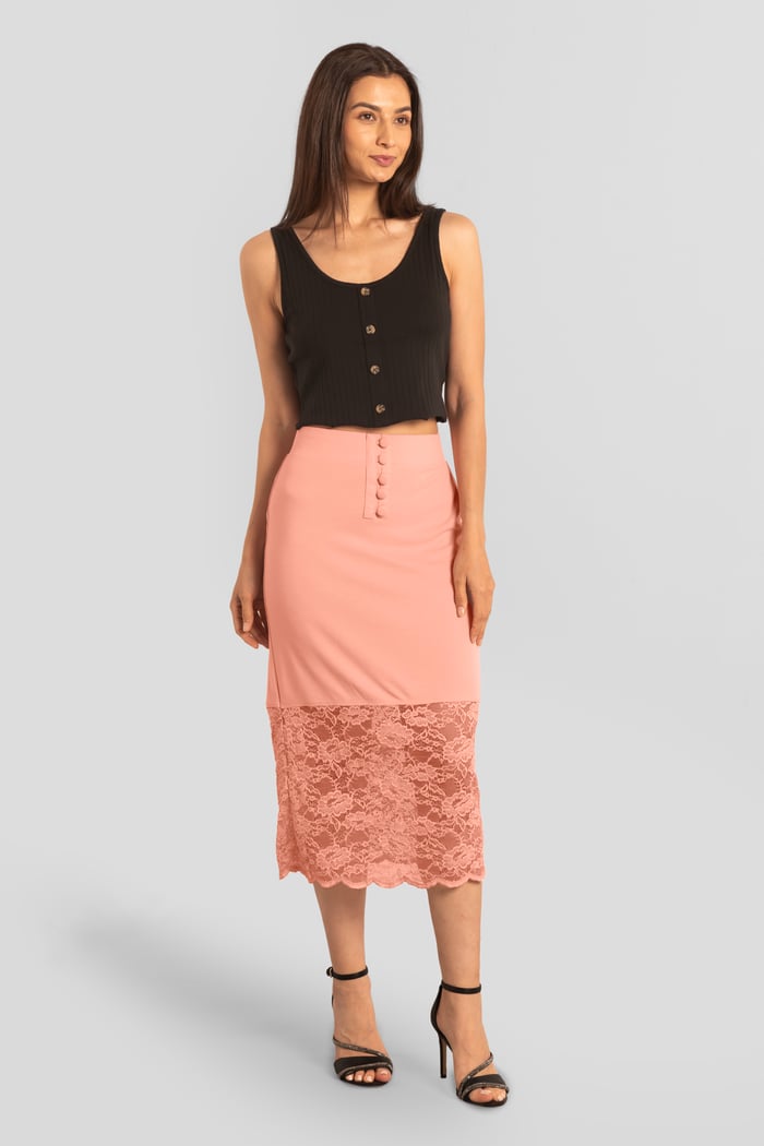 Lace Tiered Button Detail Midi Skirt