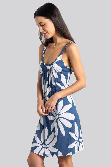 Blue Pleated Details Double Strap Cami Dress