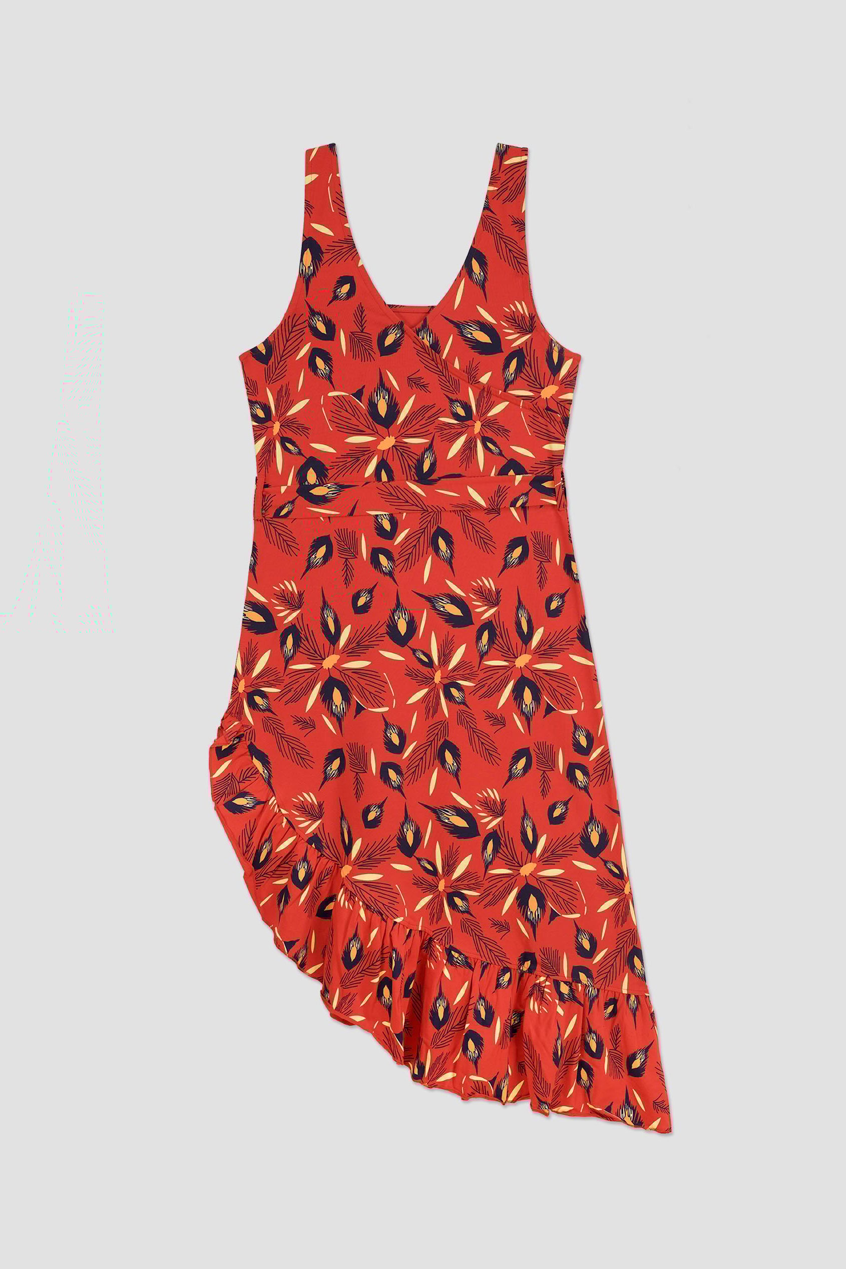 Square-Neck Ruffle Wrap Botanical Print Dress