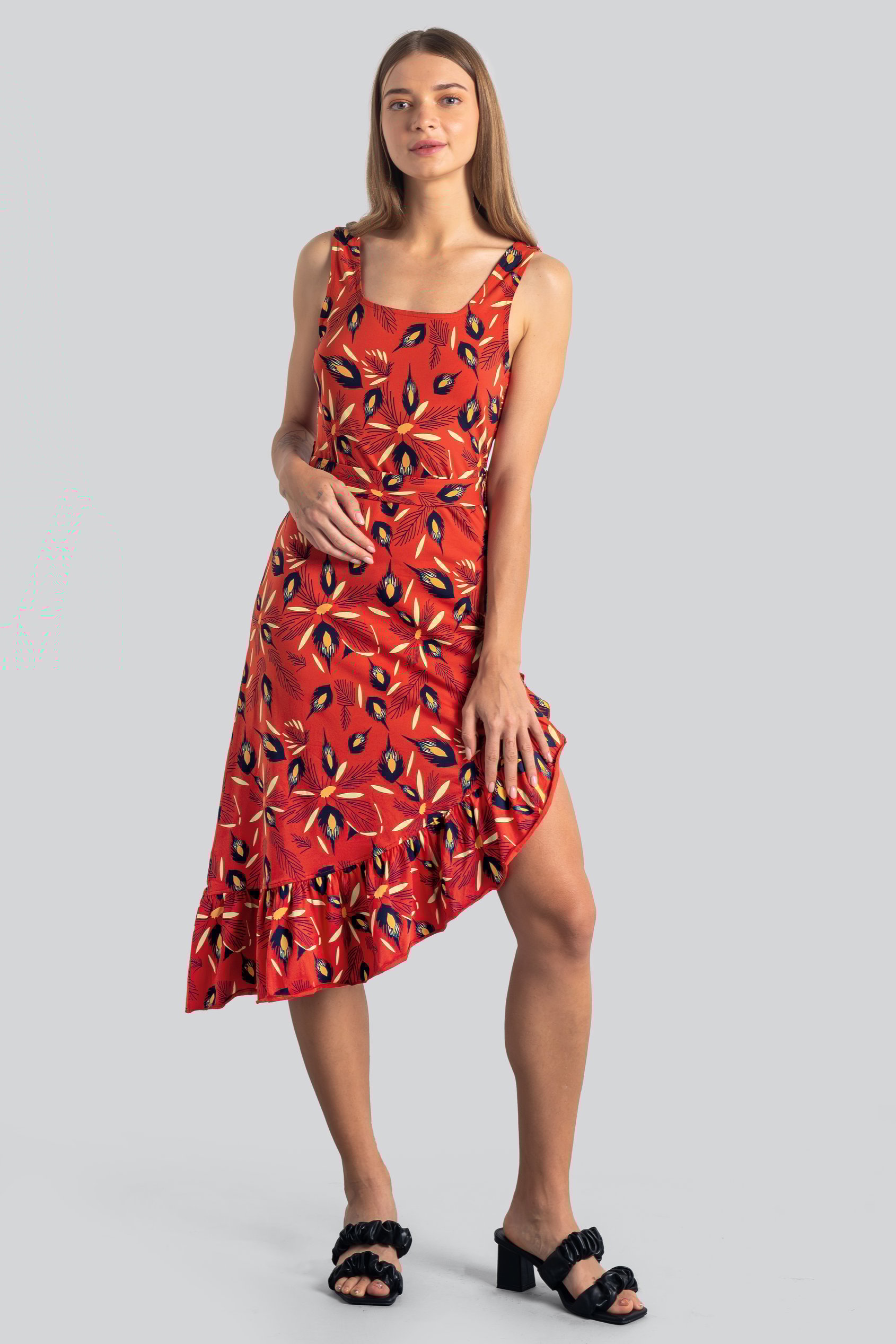 Square-Neck Ruffle Wrap Botanical Print Dress