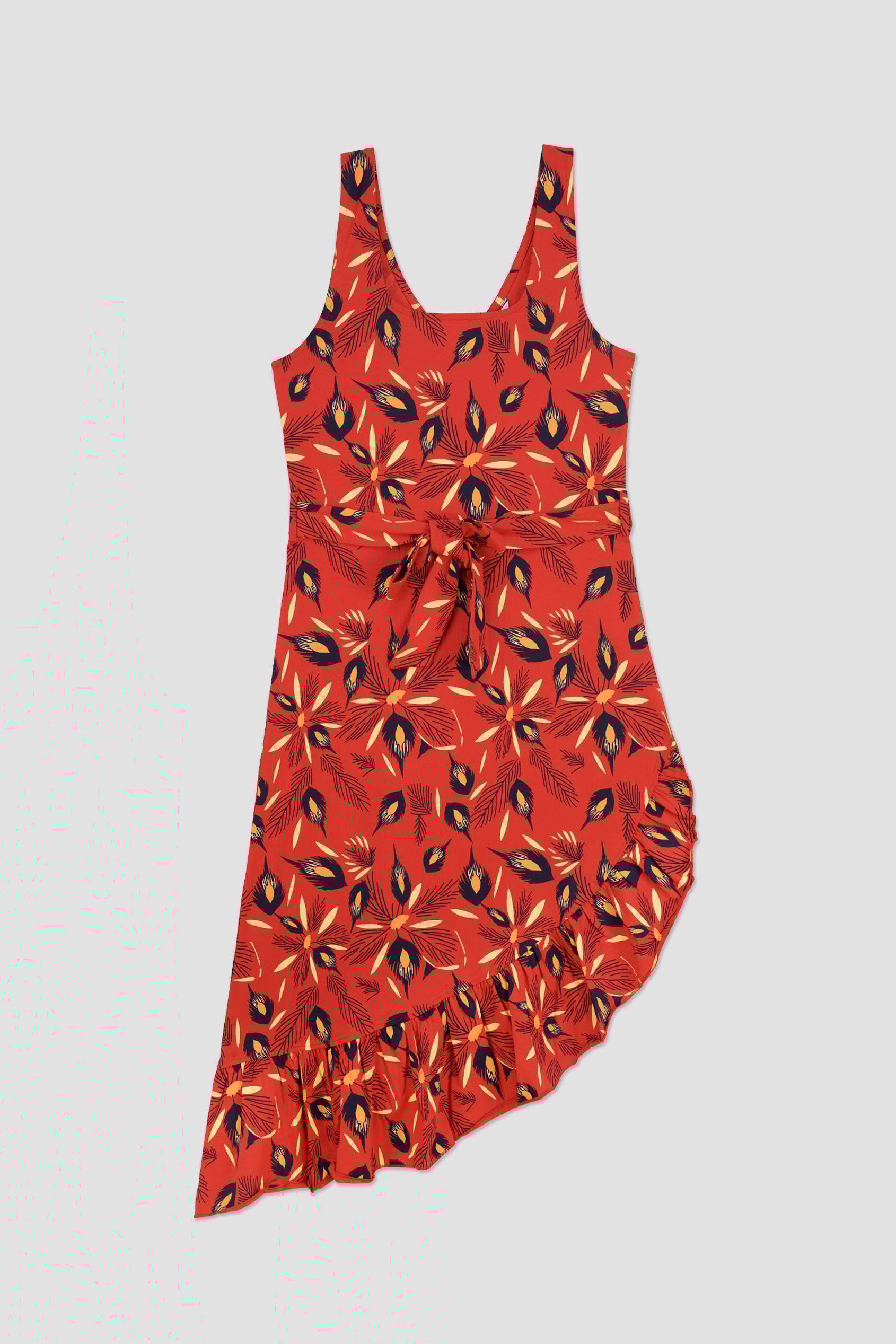 Square-Neck Ruffle Wrap Botanical Print Dress