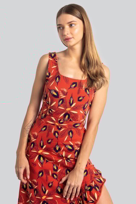 Red Square-Neck Ruffle Wrap Botanical Print Dress