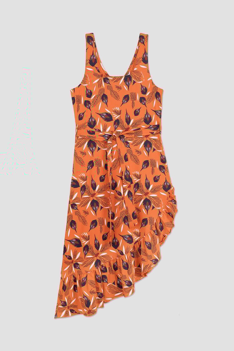 Square-Neck Ruffle Wrap Botanical Print Dress