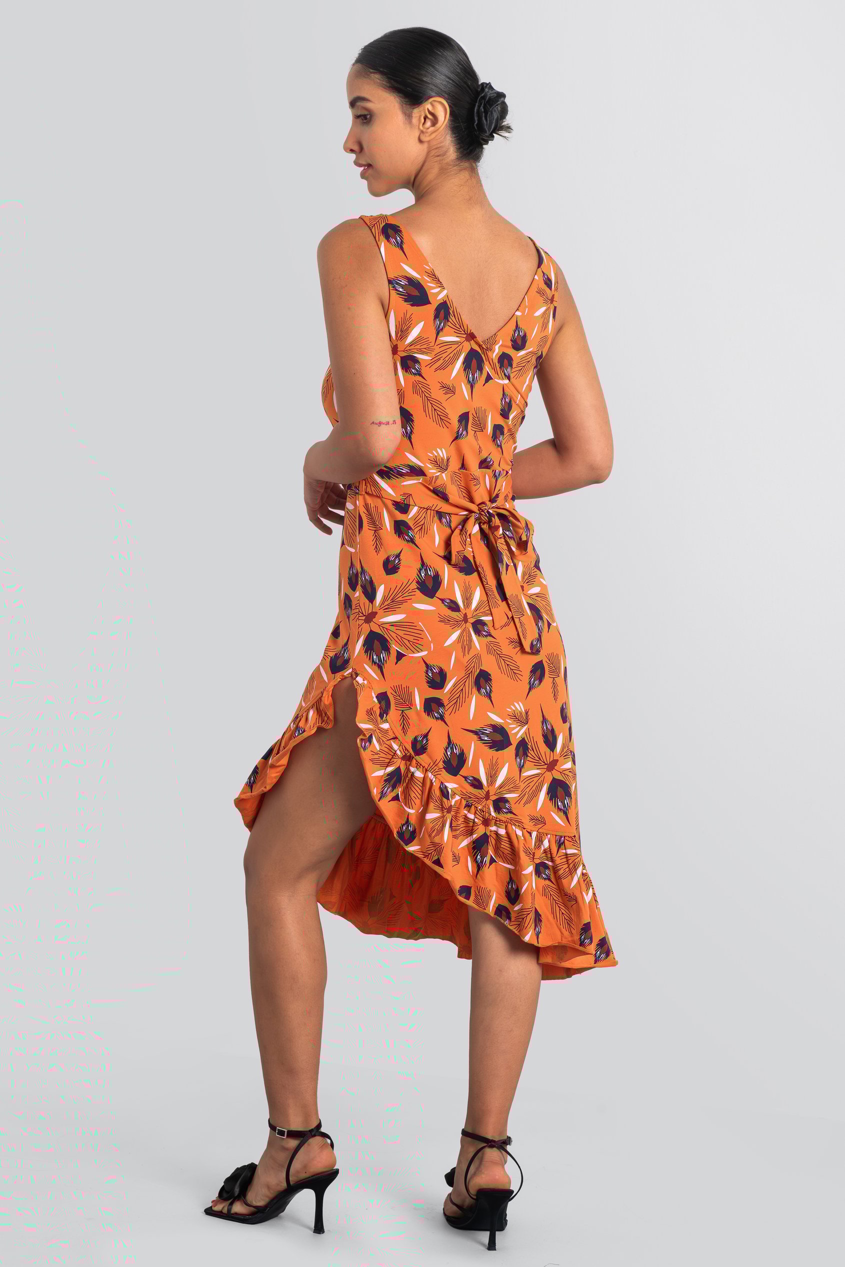 Square-Neck Ruffle Wrap Botanical Print Dress