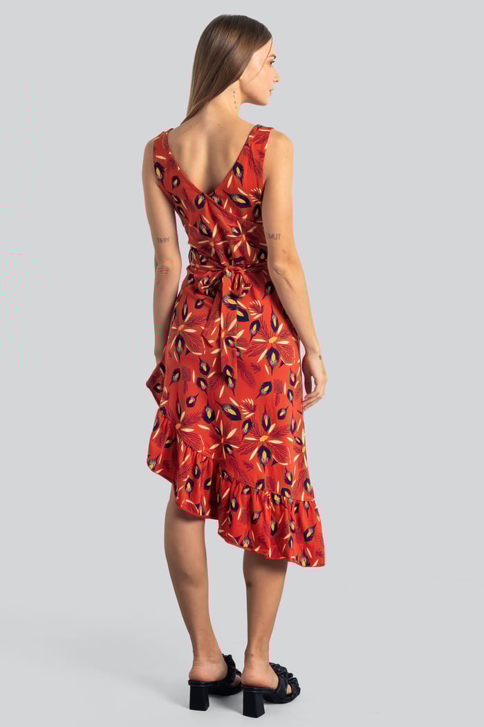 Square-Neck Ruffle Wrap Botanical Print Dress
