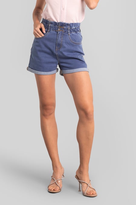 Deep Blue Paperbag Waist Mom Fit Shorts