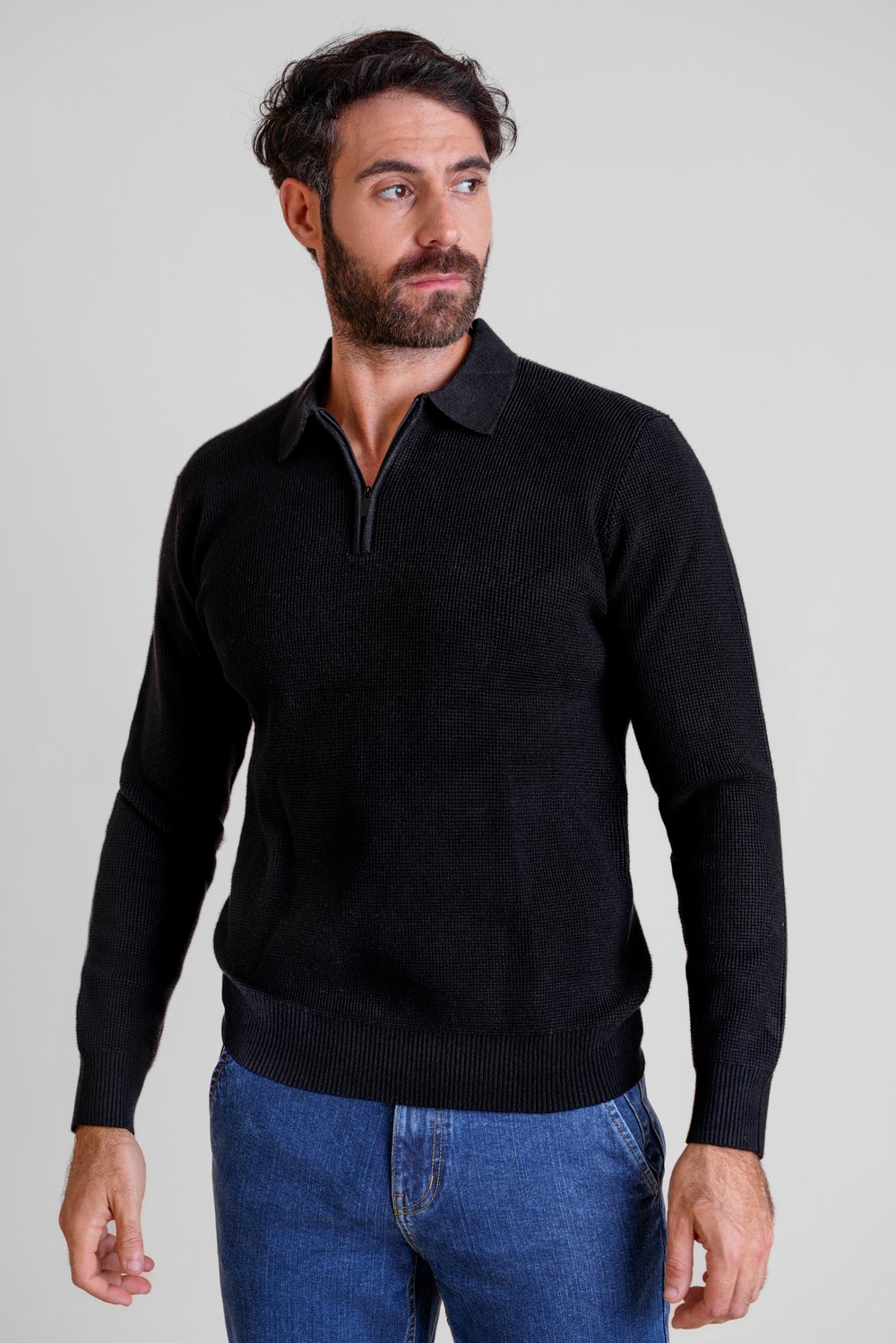 Mens Black Quarter Zip knitted Polo Jumper