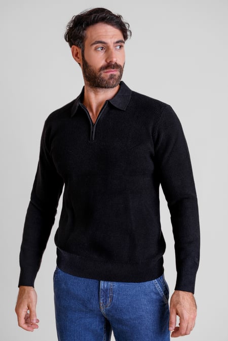 Mens Black Quarter Zip knitted Polo Jumper