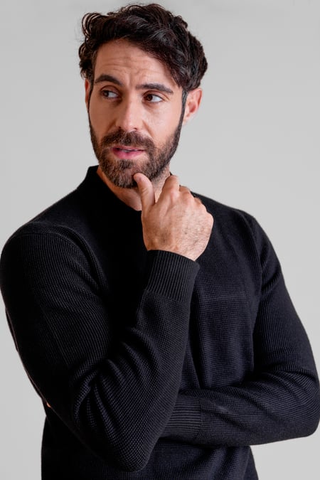 Mens Black Quarter Zip knitted Polo Jumper