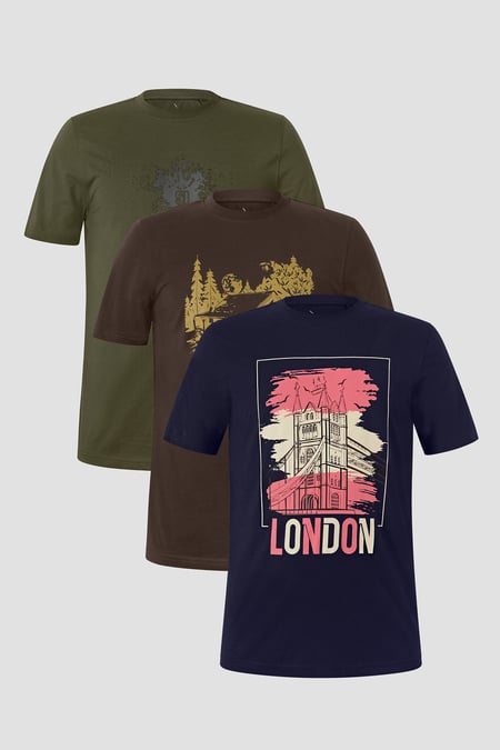 Olive/Chocolate/Navy 100% Cotton Graphic T-Shirt 3 Pcs Pack