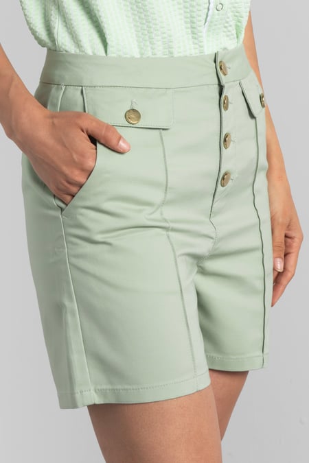 Green Golden Button Front High Waisted Short