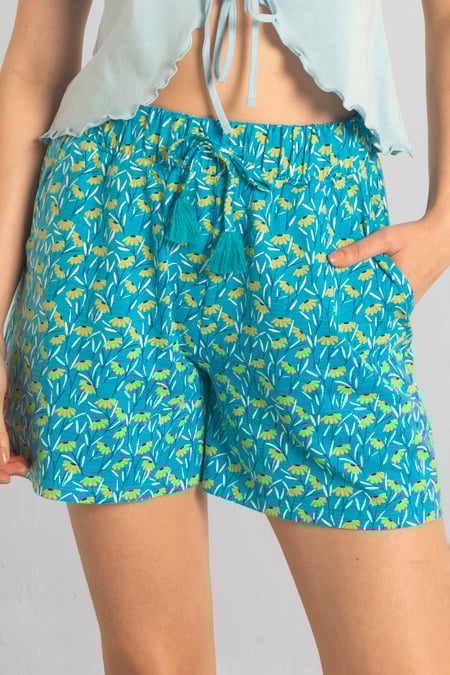 Womens Blue Floral Printed Shorts