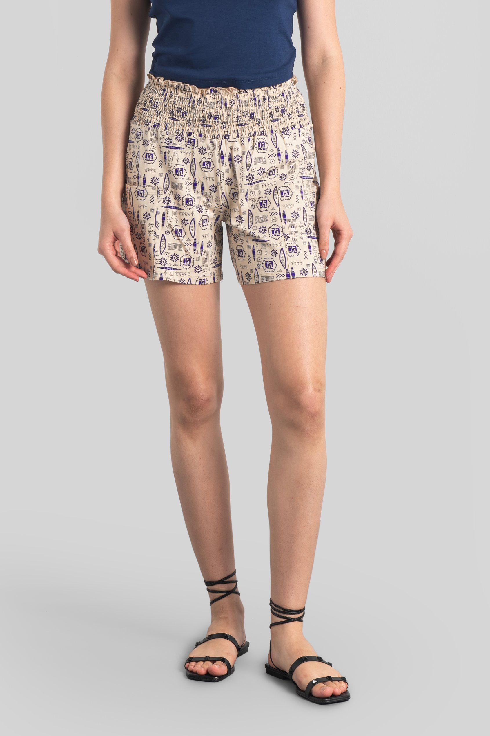 Smocked High-Waisted Printed Shorts