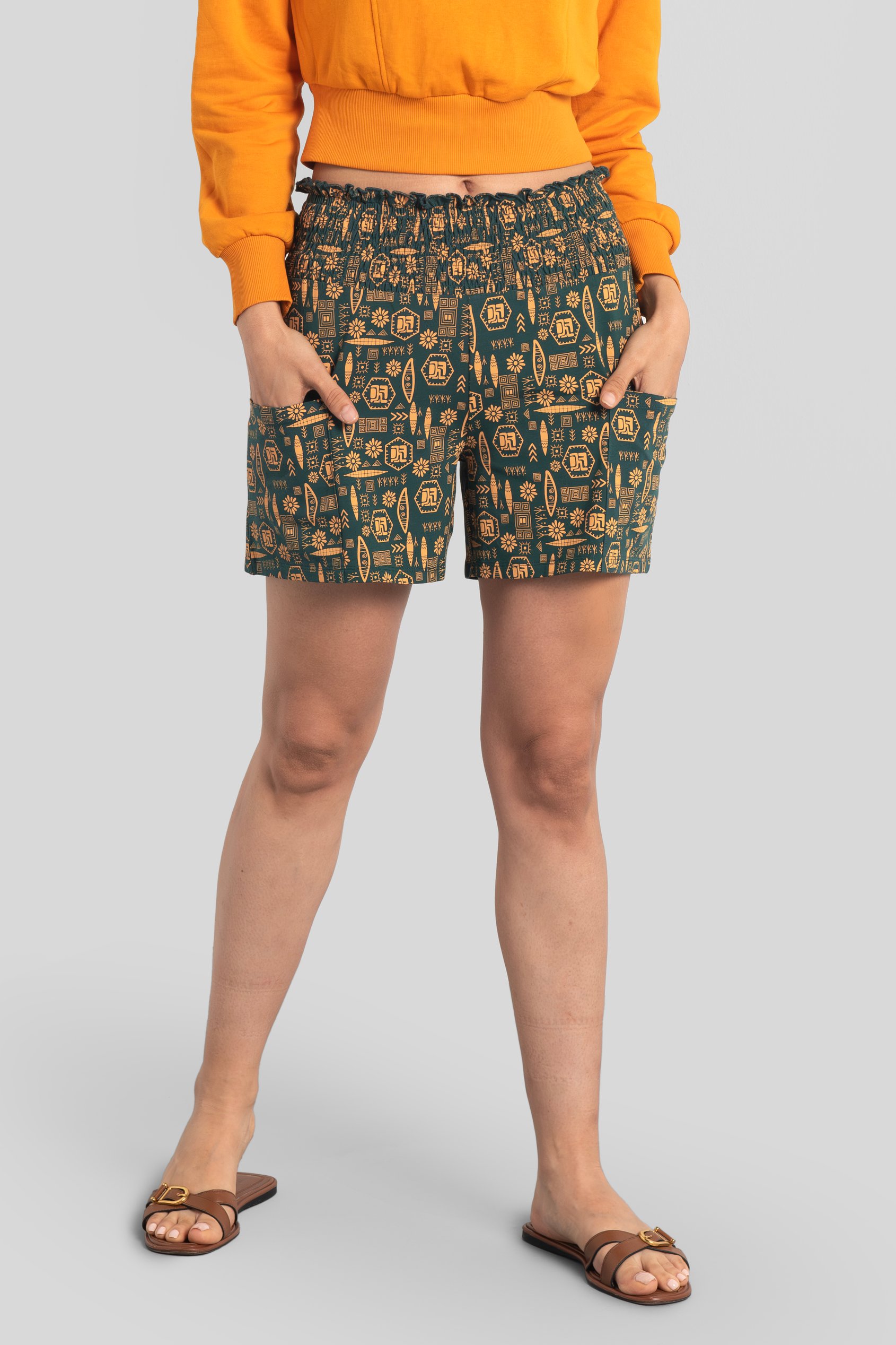 Smocked High-Waisted Printed Shorts