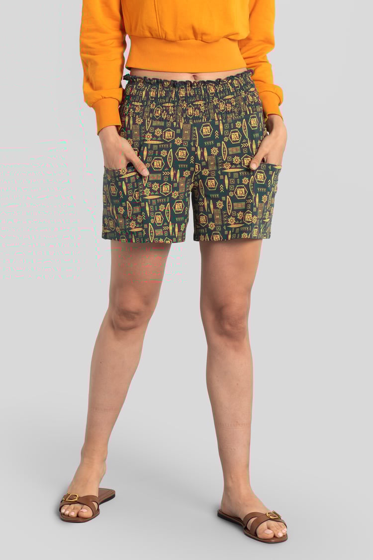 Smocked High-Waisted Printed Shorts