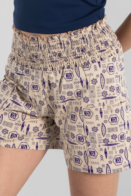 Cream Smocked High-Waisted Printed Shorts