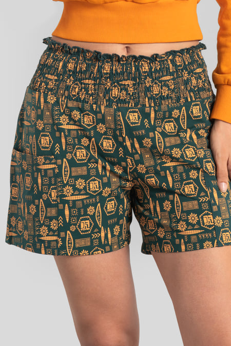 Green Smocked High-Waisted Printed Shorts