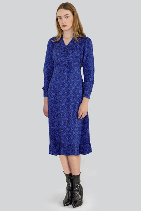 Navy V-Neck Puff Sleeve Midi Dress