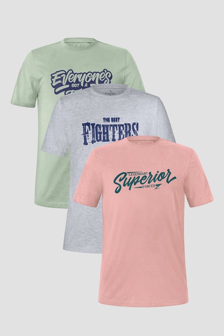 Green/Grey/Pink Printed T-Shirts 3 Pcs Pack Short Sleeves