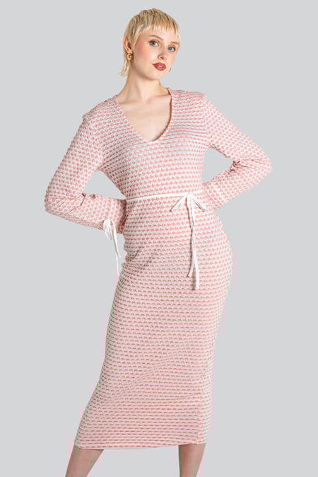 Pink Textured Stretch Jersey Long Sleeve Midi Dress