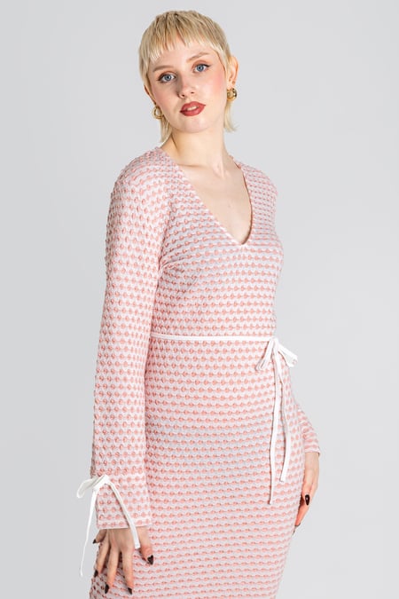 Pink Textured Stretch Jersey Long Sleeve Midi Dress