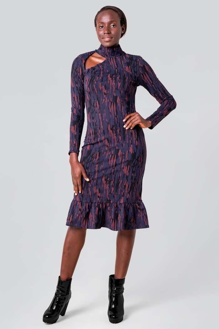 Womens Cut Out Printed Midi Flare Dress