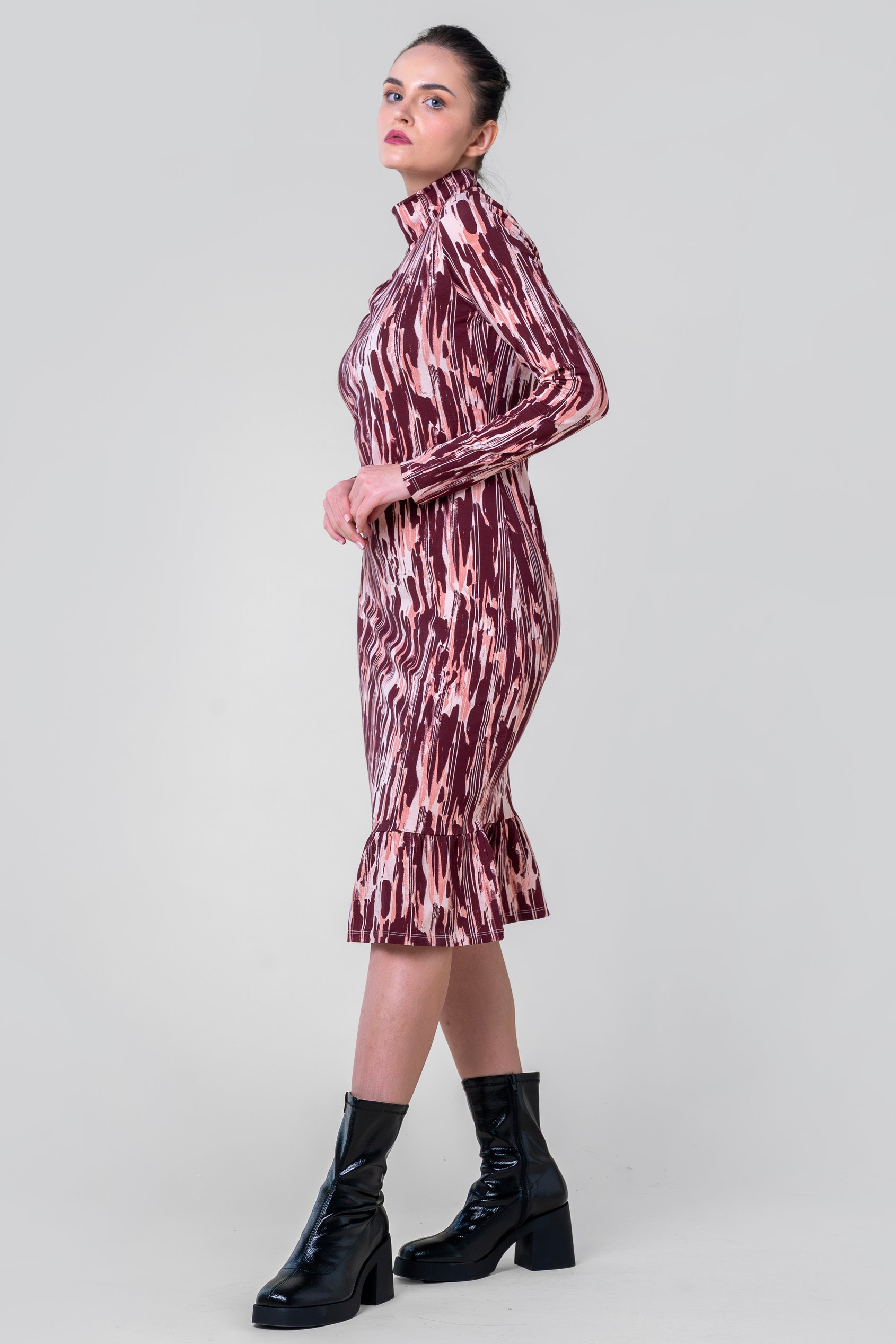 Womens Cut Out Printed Midi Flare Dress