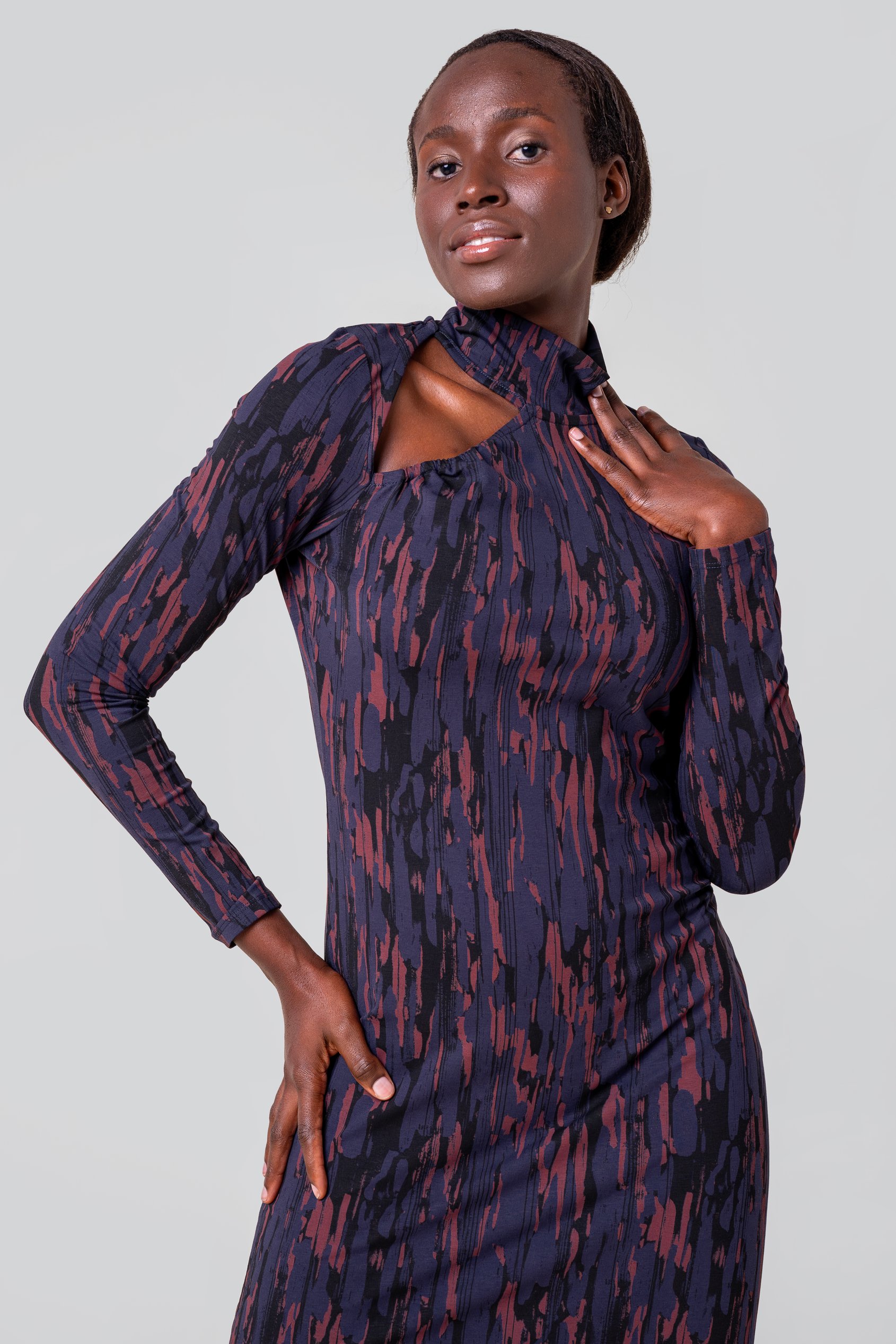 Womens Cut Out Printed Midi Flare Dress