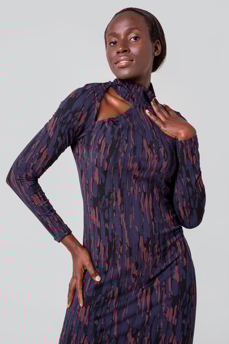 Womens Black Cut Out Printed Midi Flare Dress