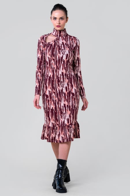 Womens Red Cut Out Printed Midi Flare Dress