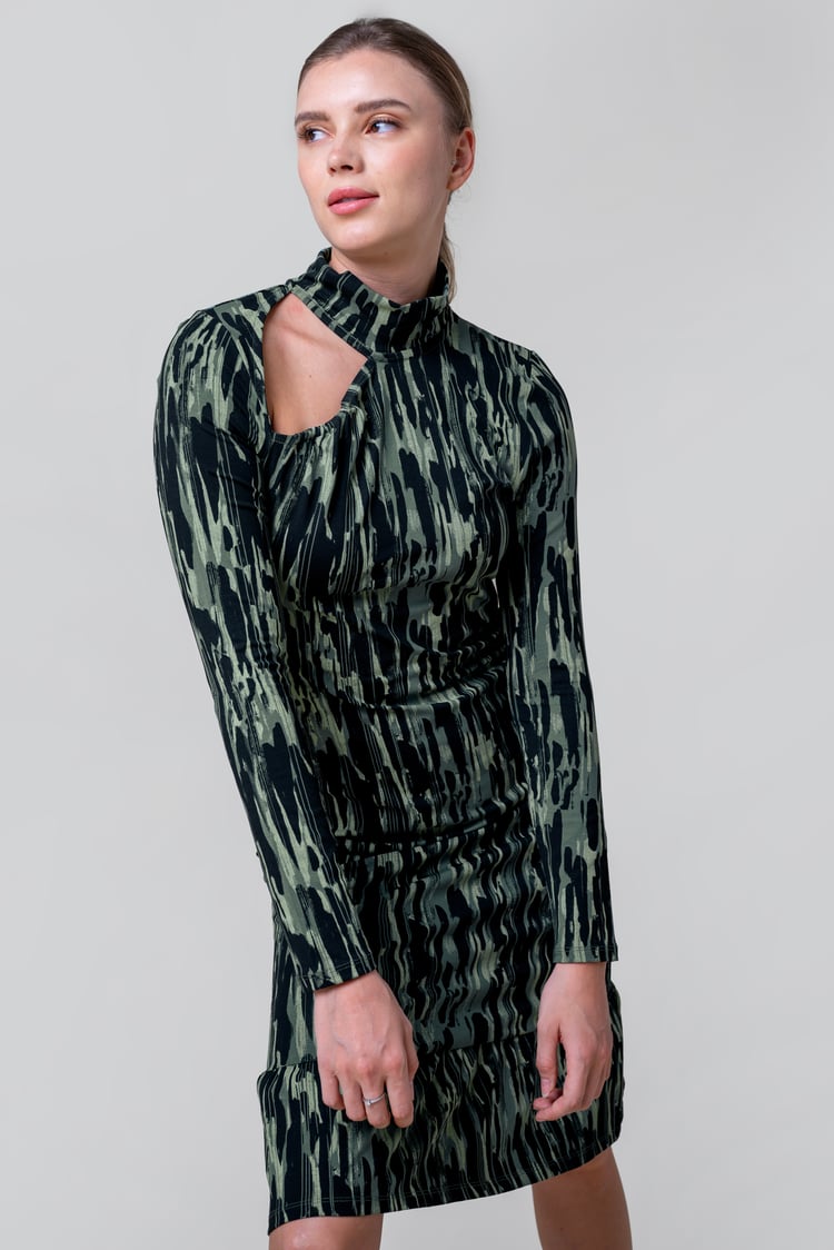 Womens Cut Out Printed Midi Flare Dress