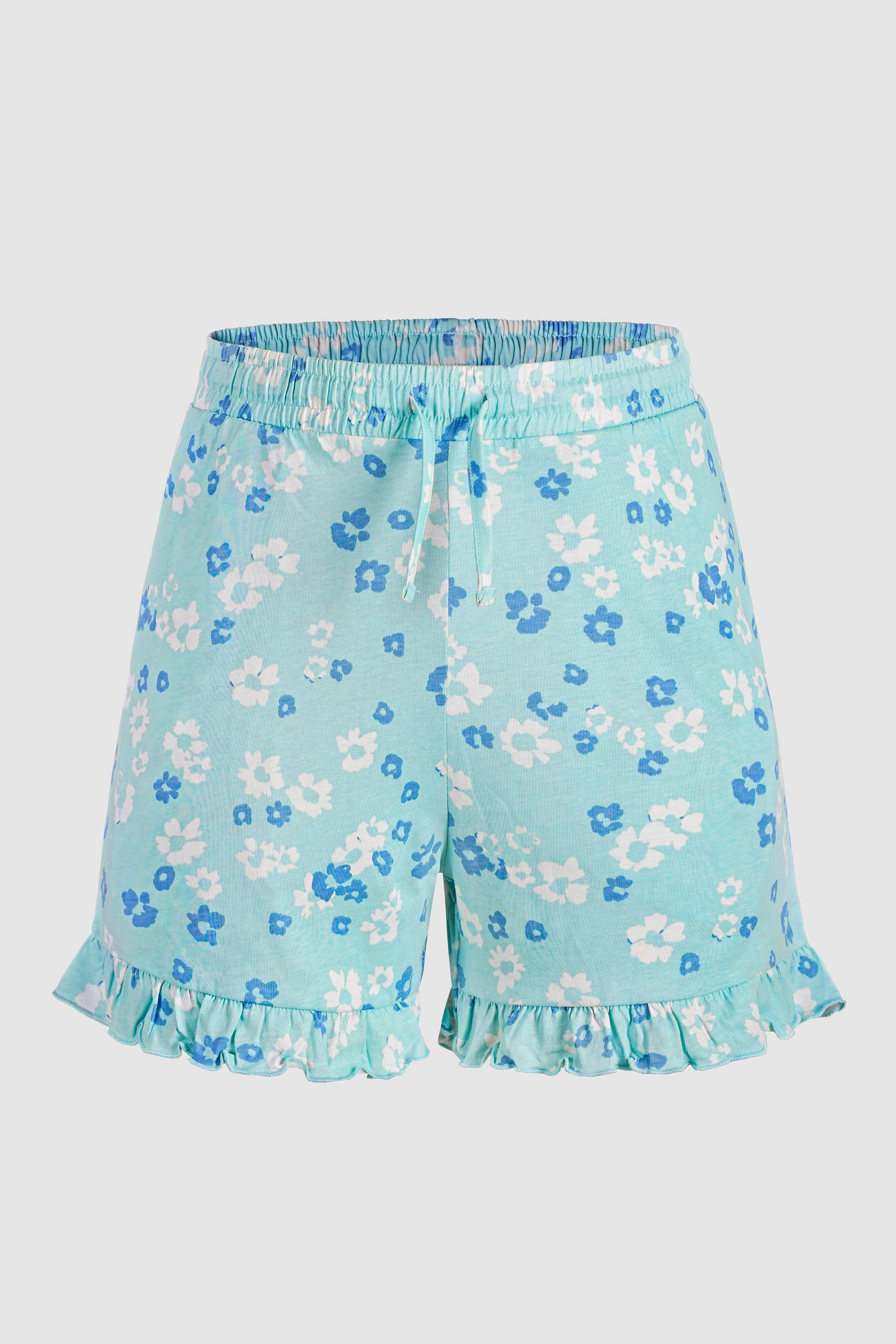 Womens Ruffle Hem Printed Shorts