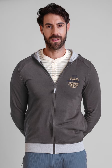 Mens Grey Wave Full Zip  Contrast Hoodie