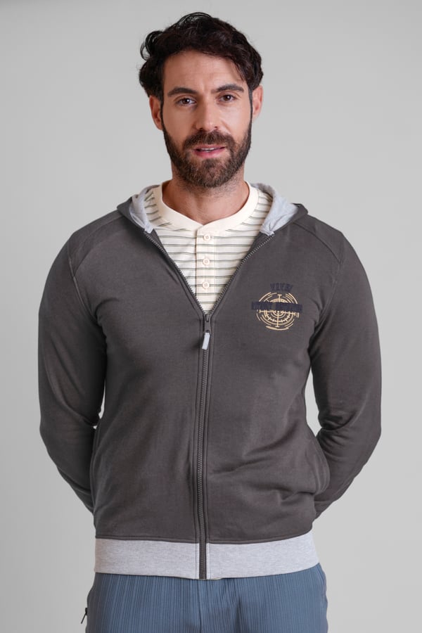 Mens Grey Wave Full Zip Contrast Hoodie
