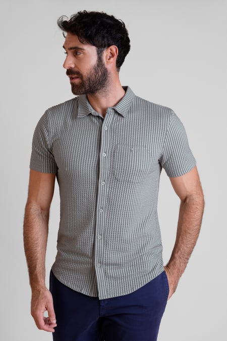 Grey Jersey Seersucker Stripe Short Sleeve Shirt