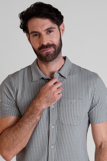 Grey Jersey Seersucker Stripe Short Sleeve Shirt