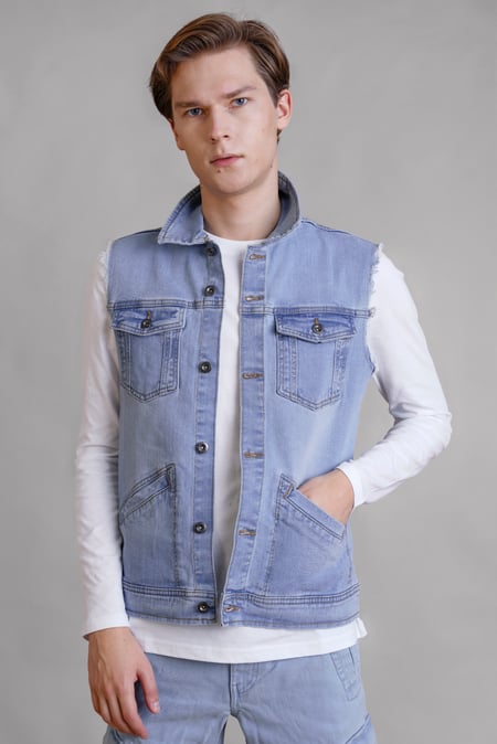 Navy Regular Fit Stretch Denim Sleeveless Jacket