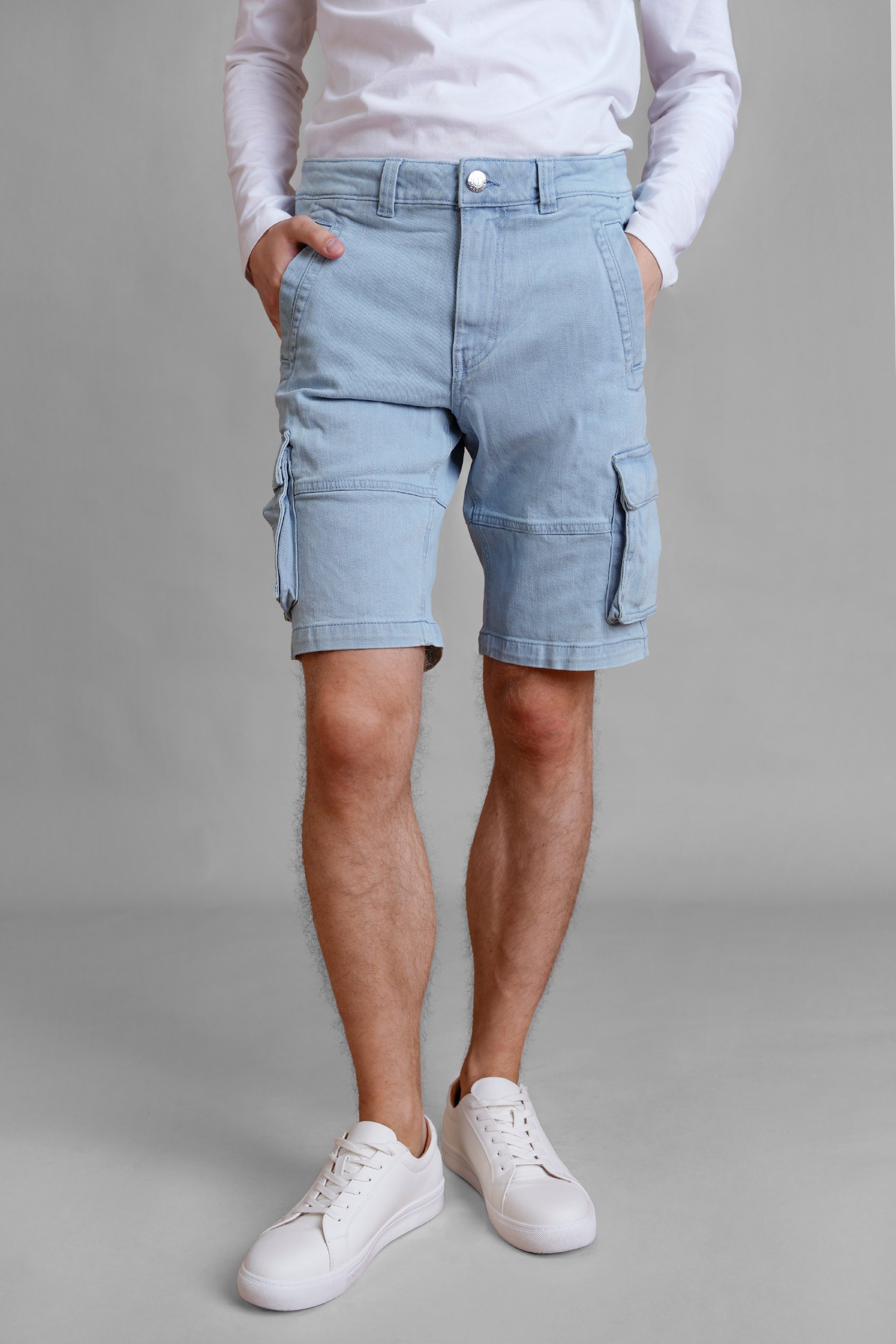 Light Blue Stretch Denim Cargo Shorts