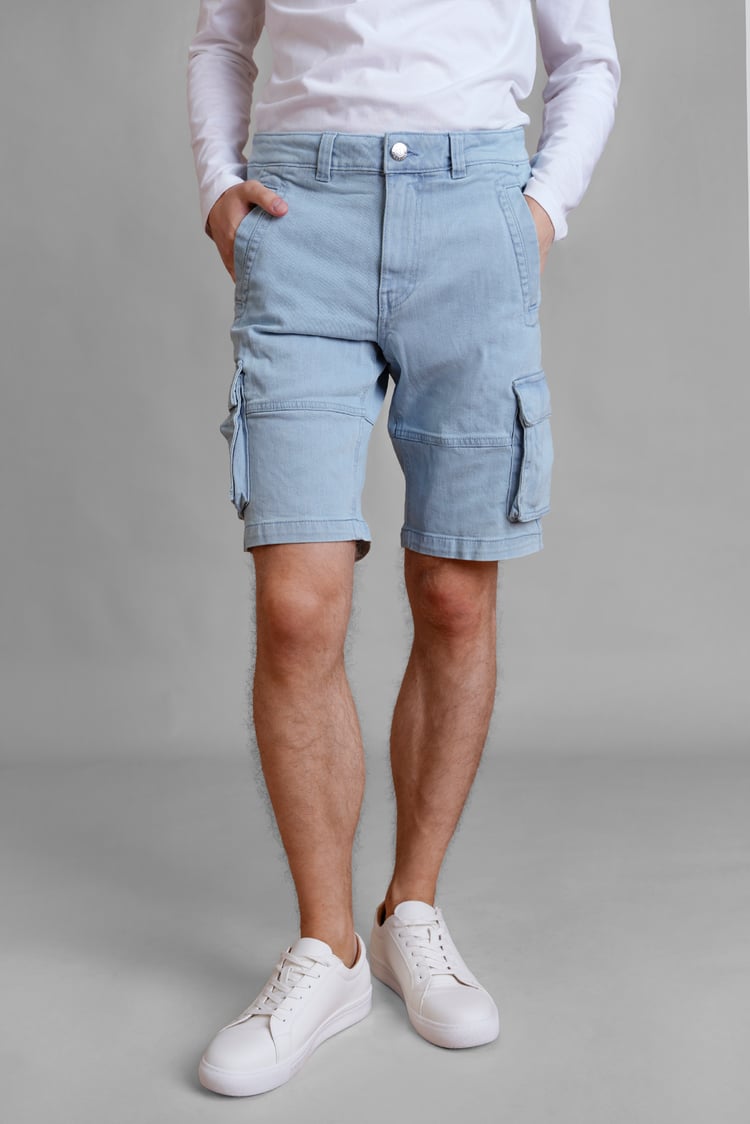 Light Blue Stretch Denim Cargo Shorts