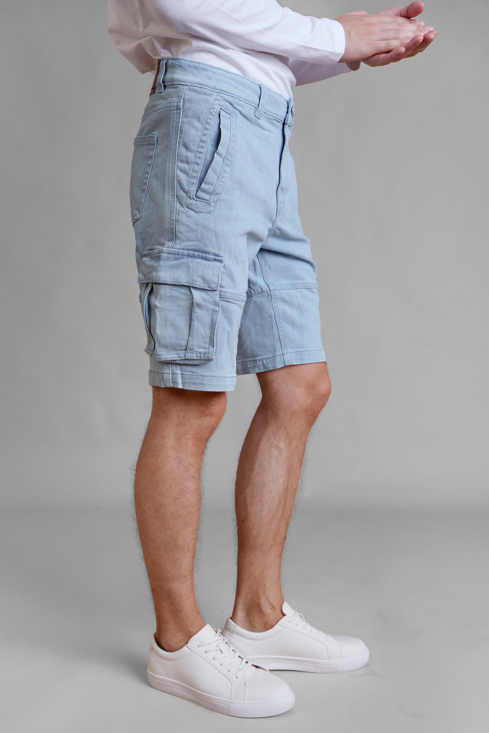 Light Blue Stretch Denim Cargo Shorts