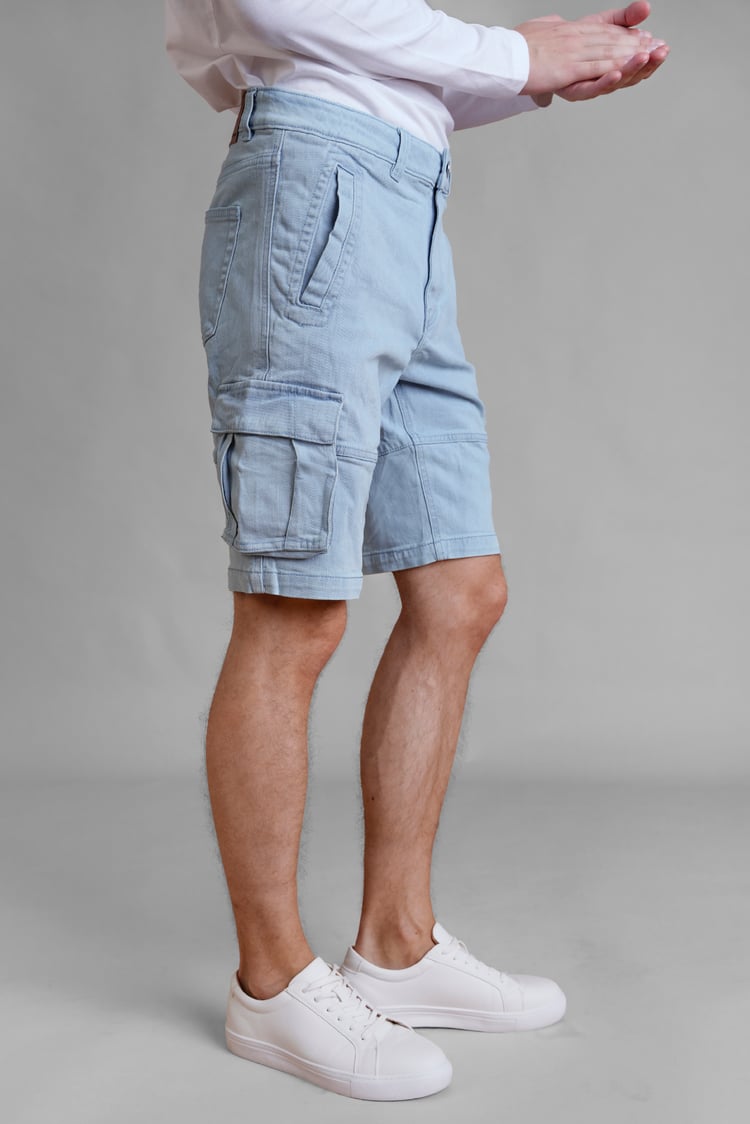 Light Blue Stretch Denim Cargo Shorts