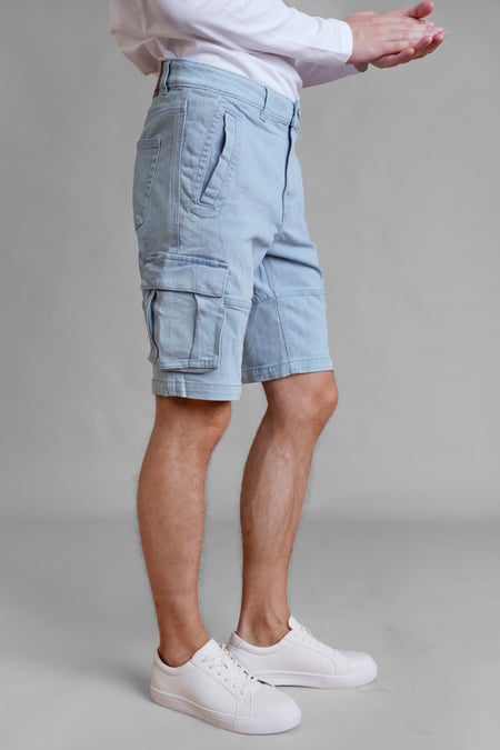 Light Blue Light Blue Stretch Denim Cargo Shorts