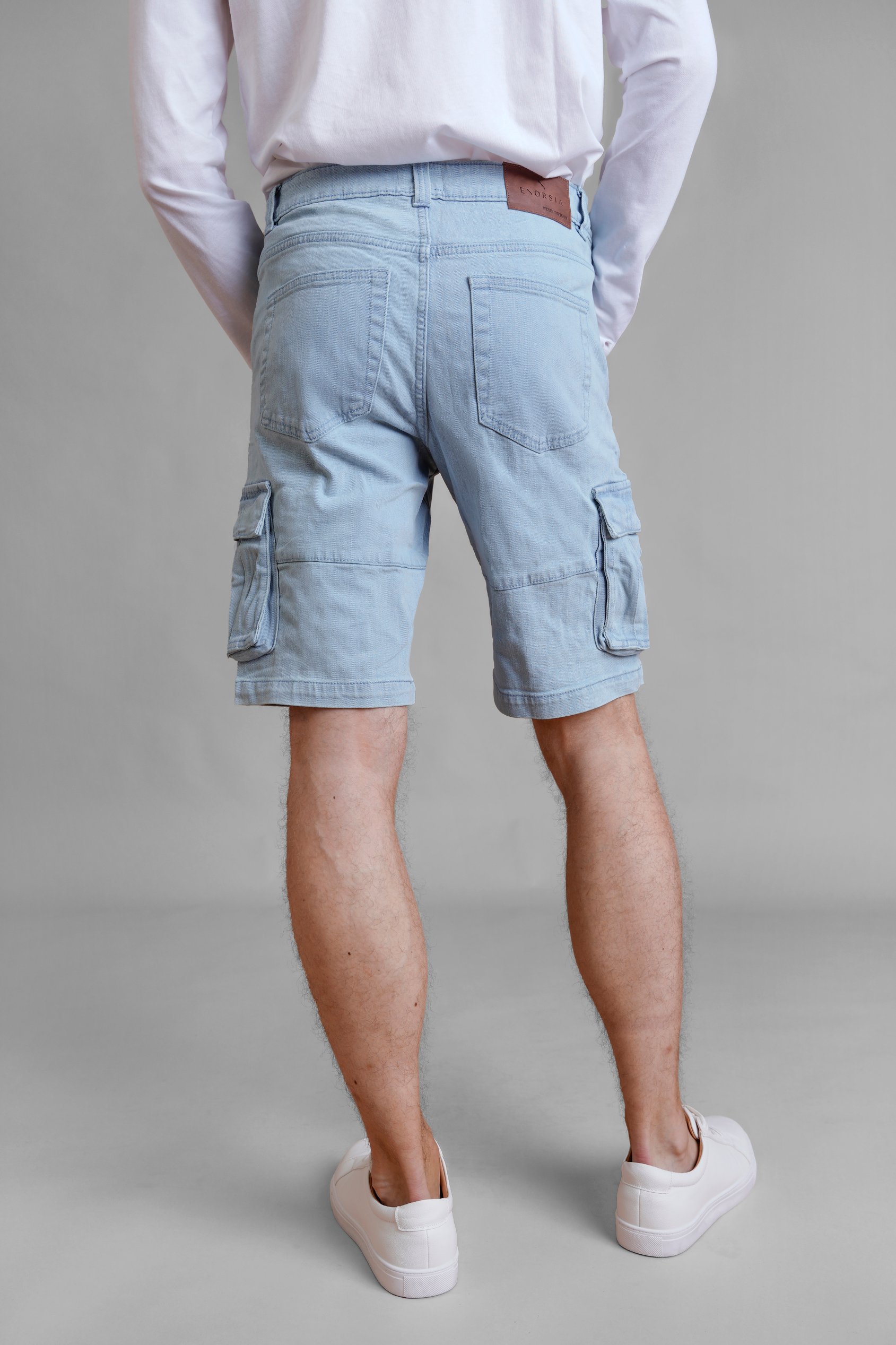Light Blue Stretch Denim Cargo Shorts