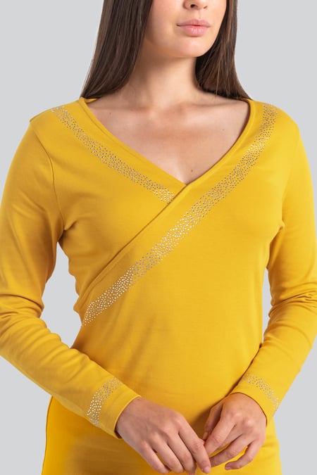 Womens Yellow Full Sleeve Embroidered Wrap Dress