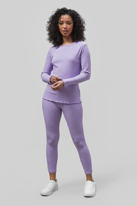 White LS Picoting Ribbed T-Shirt & Leggings Set