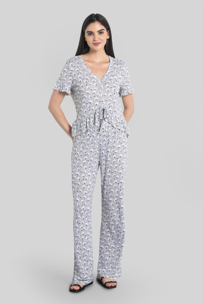 Short Ruffle Sleeve Cotton Printed Pyjamas Set